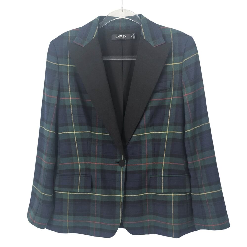 Lauren Ralph Lauren Plaid Wool Blend Tuxedo Blazer Black Lapel Jacket Size 8